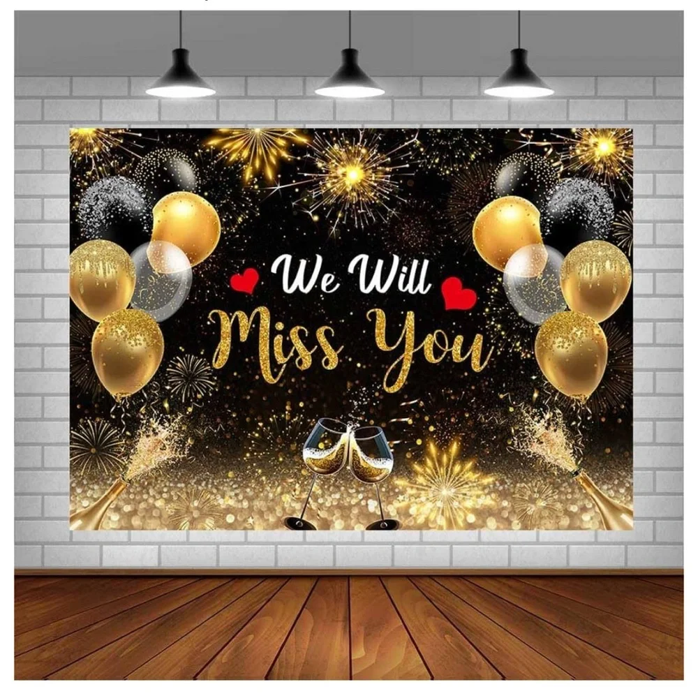 We Will Miss You Backdrop, 5 x 7,Black Gold Glitter Balloon